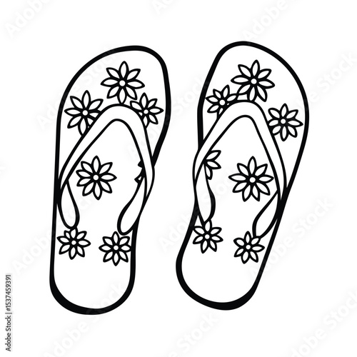 Pair of flip flops decorated with floral patterns on white background Line art