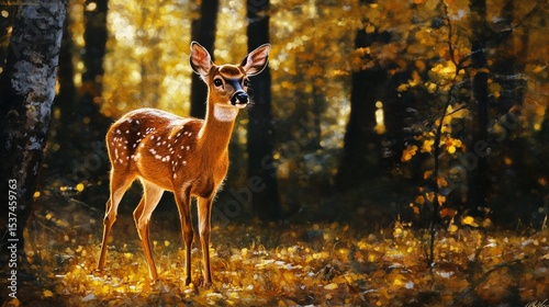 Dappled Sunlight Filters Through Autumn Leaves as a Deer Stands in a Serene F...