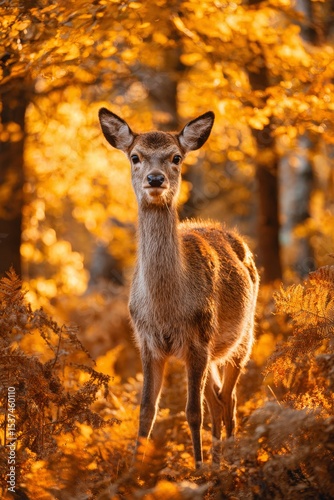 Majestic Deer in Vibrant Autumn Forest Surrounded by Golden Foliage During Su...