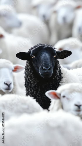 Black sheep among white flock, symbolizing individuality, nonconformity, standing out, difference, uniqueness, and rebellion