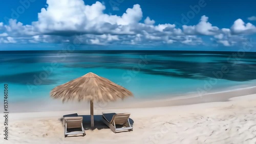 Tropical beach, turquoise water, white sand, thatched umbrella, lounge chairs, sunny sky, cloudscape, tranquil scene, idyllic vacation, relaxation, escape, serenity