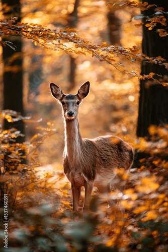 Majestic Deer in Vibrant Autumn Forest Surrounded by Golden Foliage During Su...