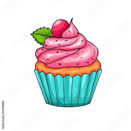 Cupcake topped with pink buttercream and topped with red raspberries or cherries. Vector illustration of sweets, white background