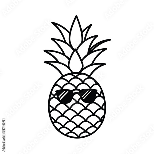 Pineapple with sunglasses relaxing on sunny tropical day on white background Line art