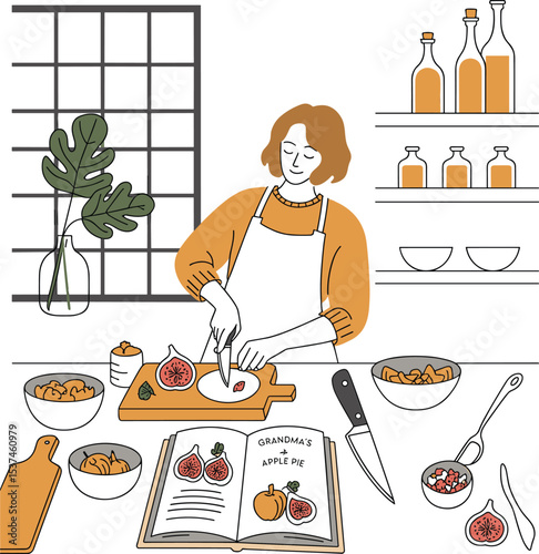 Woman cooking apple pie in cozy kitchen, cutting figs on board, homemade recipe preparation, culinary lifestyle, kitchen scene, vintage recipe book, baking illustration
