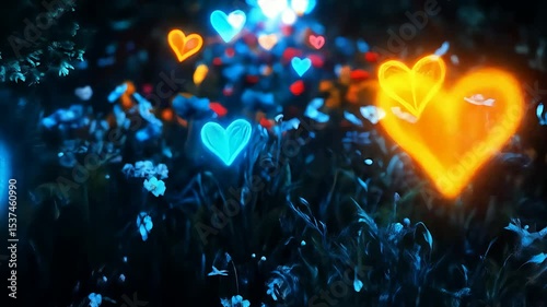 Glowing hearts float amidst blue, red, orange flowers at night, symbolizing love, magic, dreams, fantasy, and nocturnal beauty
