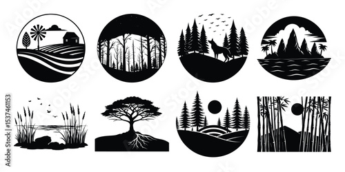 Silhouettes of nature scenes on white background
