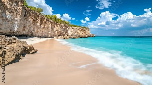 Tranquil beach scene, turquoise water, sandy shore, and rocky cliff, showcasing idyllic coastal landscape, summer vacation serenity, and nature's beauty