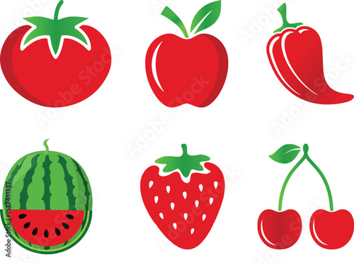 Fresh Produce Icons - Tomato, Apple, Strawberry  and Watermelon. Featuring popular items like tomatoes, apples, watermelons, strawberries, cherries, and chili peppers, these bright and appealing graph