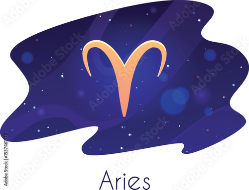 Aries zodiac sign on abstract cosmic, purple background with stars.