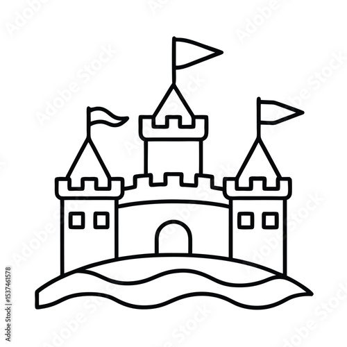 Sandcastle decorated with multiple flags on sunny day on white background Line art