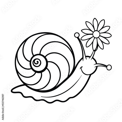 Snail carrying summer flower gently placed on shell on white background Line art