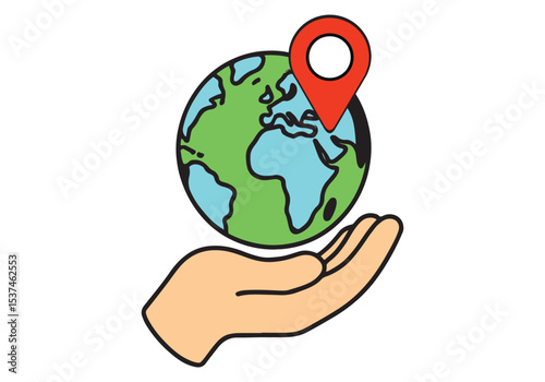 Minimal vector concept showing a hand holding a globe symbolizing worldwide travel and location choice.