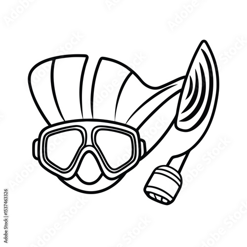 Snorkeling mask and fins arranged for tropical dive on white background Line art