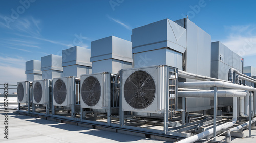 Multiple large industrial air conditioning and ventilation units are installed on the rooftop of a commercial building under a clear blue sky.
