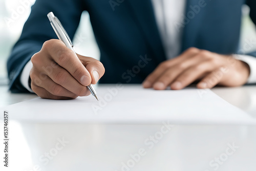 Signing a Document: Hand writing on paper with a pen in a bright setting. Professional, business and contractual themes abound.