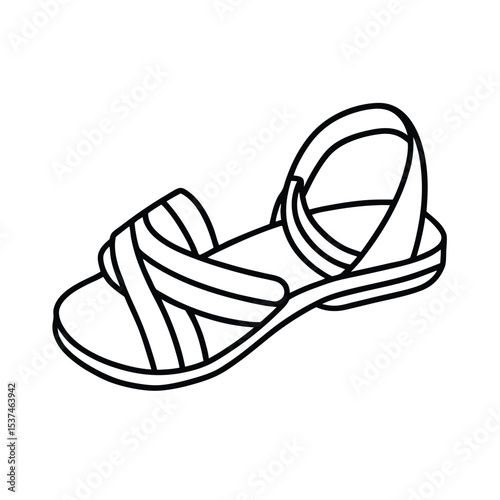 Summer sandals with straps laid out for beachwear on white background Line art