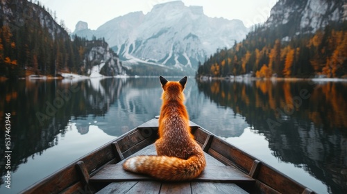 Fox Sits Peacefully on a Boat Overlooking a Tranquil Lake and Majestic Mounta...