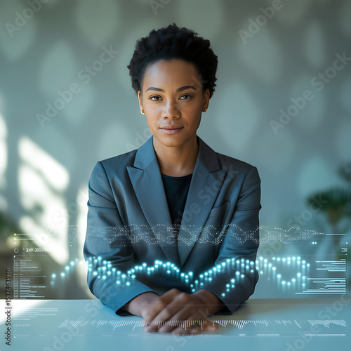 Confident professional woman at desk with futuristic digital data overlay, exuding intelligence and leadership
