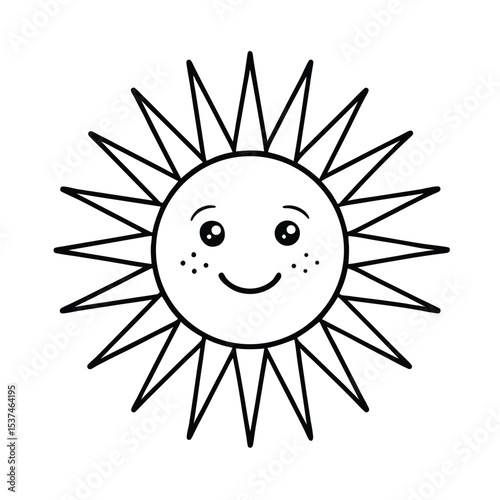 Sun rays shining with smiling face and rosy cheeks on white background Line art
