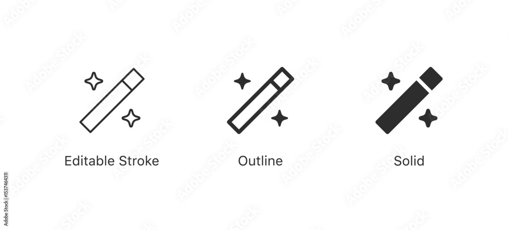 Magic wand icon with stars sparkle symbol icon | for fantasy, creativity, enchantment, filters, effects, or magical editing actions | editable stroke, outline, and solid icons