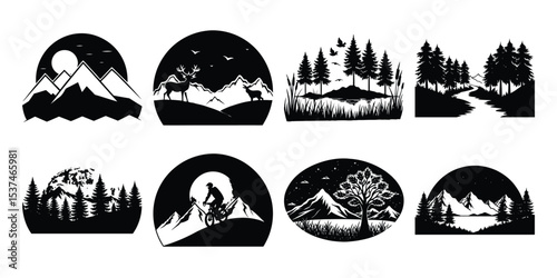 Silhouettes of nature scenes on white background