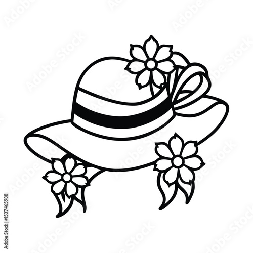 Sunhat with ribbon and flowers giving elegant summer style on white background Line art