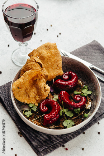 Georgian cuisine dish in a restaurant on a light background