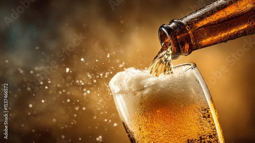 Pouring Cold Beer Into a Glass With Bubbles Rising in a Warm Atmosphere.