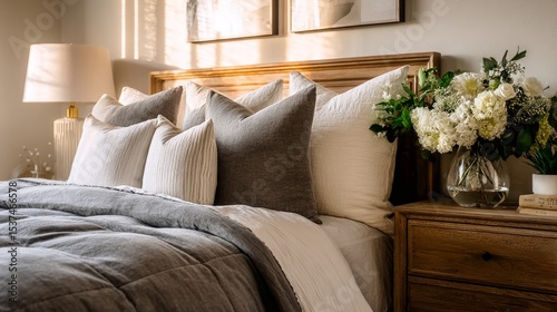 Elegant Bedroom Decor Featuring Plush Pillows and Fresh Flowers in a Cozy Set...