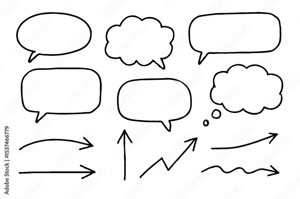 Fototapeta premium Speech Bubbles and Arrows Set Hand Drawn Vector Elements for Dialog and Direction