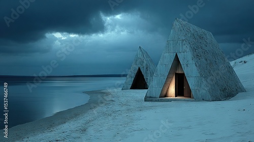   A few concrete buildings sit atop a snowy shore beside a tranquil water body, framed by a cloudy sky