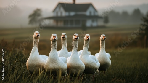 Geese Walking in the Morning Mist Near a Farmhouse in Rural Countryside Setting