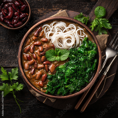 A classic dish of Iran-Ashe reshte. Bean soup where the obligatory ingredients are legumes (beans or lentils), herbs and noodles top view