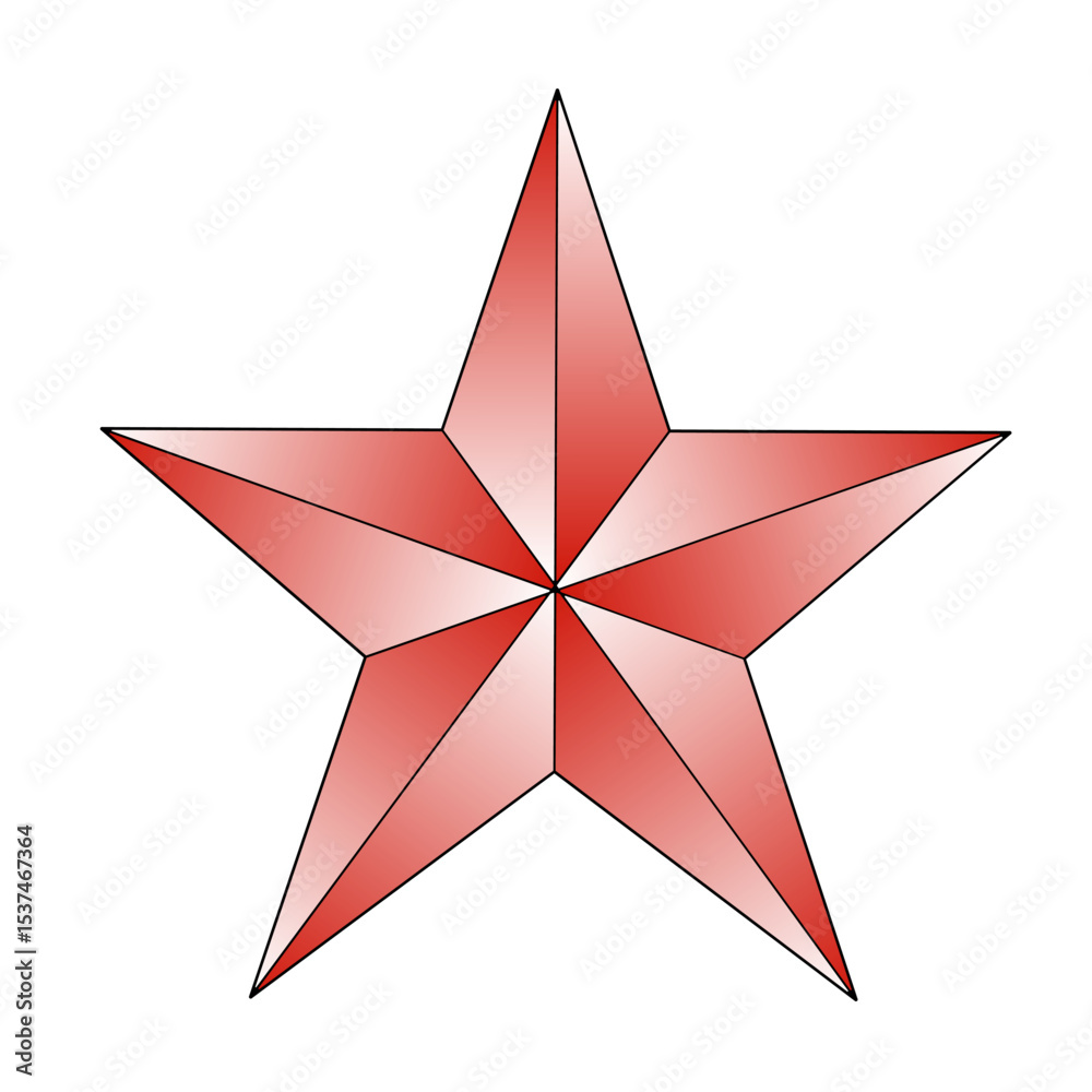 A red five-pointed star with a 3D appearance, shaded with gradients to highlight depth and symmetry, set against a white background A red five-pointed star with a 3D appearance, shaded with gradients to highlight depth and symmetry, set against a white background