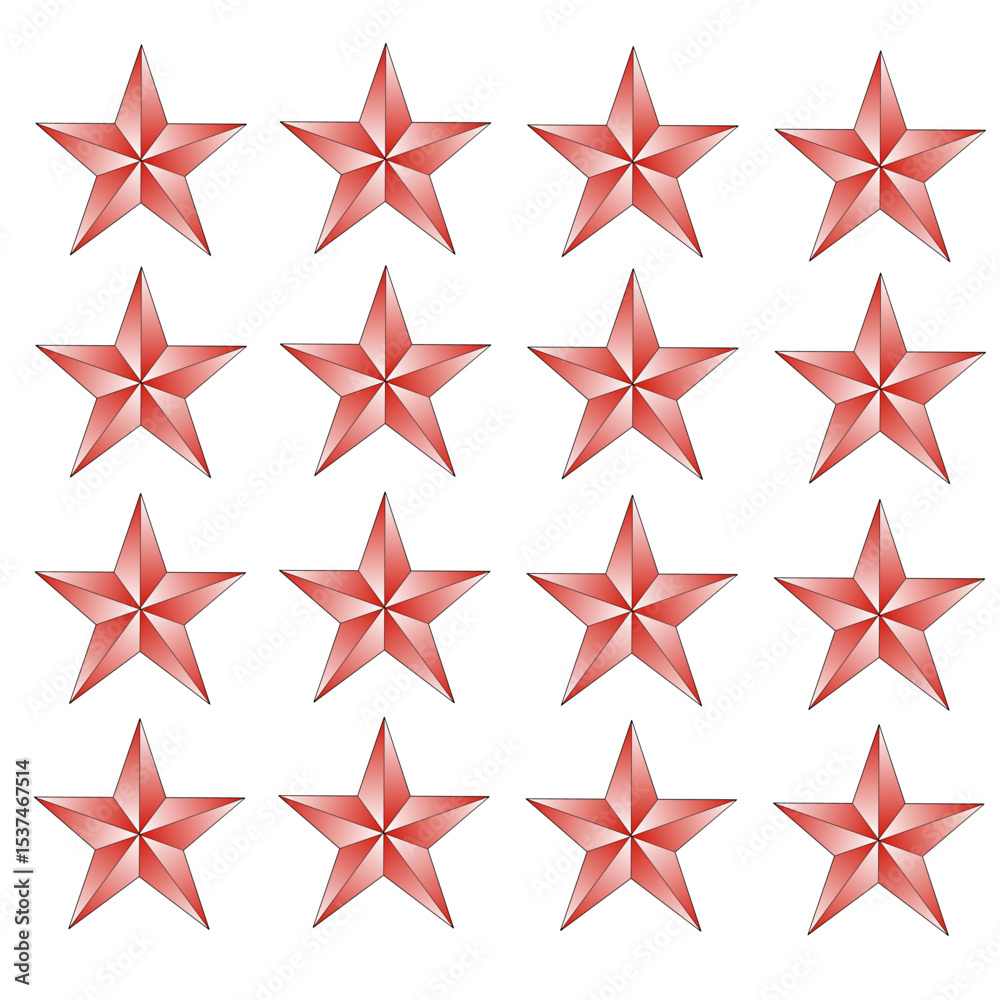 Obraz premium A pattern of 16 glossy red 3D stars arranged in a 4x4 grid on a white background, each star having five symmetrical points with a metallic shine