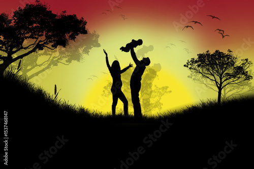 A captivating silhouette illustration depicting a joyful family moment at sunset. The scene beautifully conveys themes of love, unity, parenthood, and the serenity of nature — ideal for use in emotion