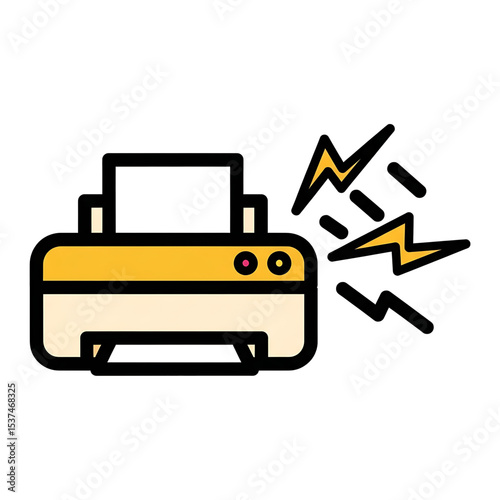 Yellow printer emitting sparks, representing a printer malfunction or technical error.