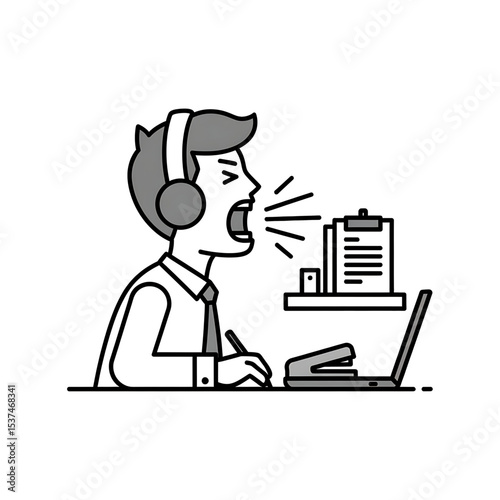 Customer service representative shouting at a laptop, symbolizing tech frustration or poor service.