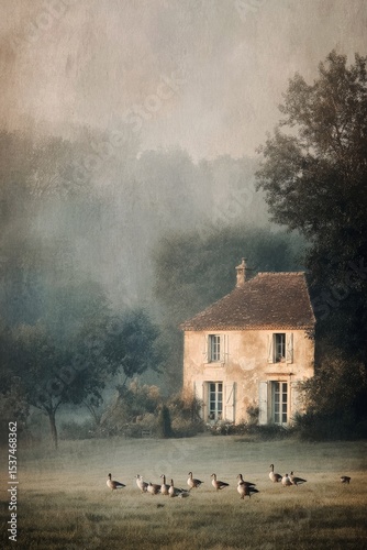 Charming Country House Surrounded by Geese in a Misty Landscape at Dawn