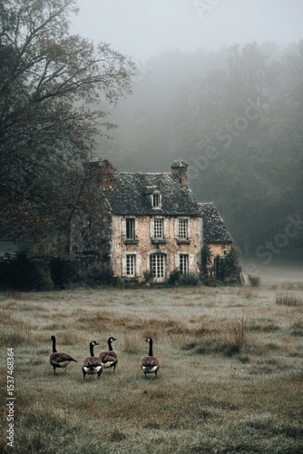 Charming Country House Surrounded by Geese in a Misty Landscape at Dawn.
