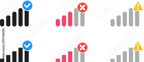 Mobile network signal bar icon bundle with check, cross, and warning indicators. Vector icon set for UI, web, apps, infographics, presentations, and digital projects.