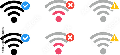 Wifi signal bar icon bundle with check, cross, and warning indicators. Vector icon set for UI, web, apps, infographics, presentations, and digital projects.