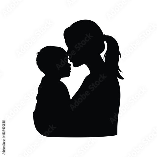 Mother and child silhouette tender moment black and white vector illustration family love motherhood parenting care protection bonding