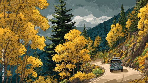 Car Driving Along Winding Road Through Autumn Forest With Vibrant Yellow Leav...