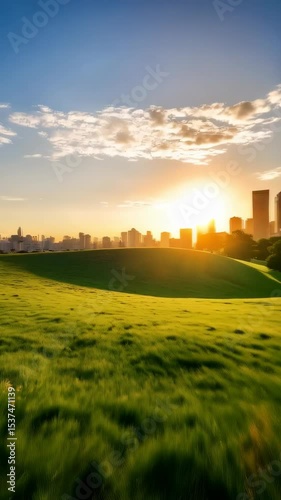 Urban skyline and rolling hills converge under a clear blue sky at golden hour, creating a serene and harmonious scene.