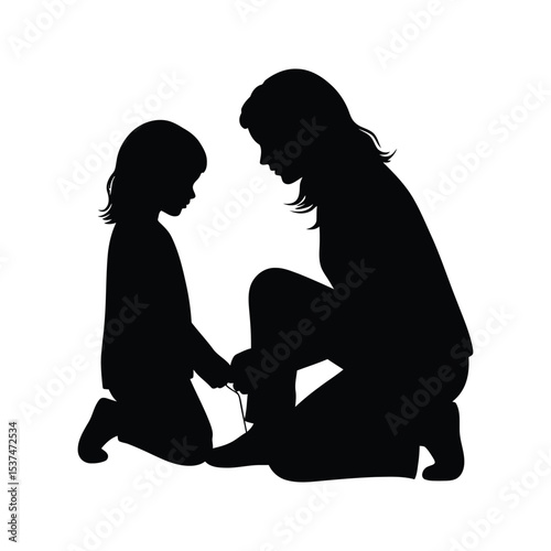 Mother helping daughter tie shoes  black silhouette vector illustration
