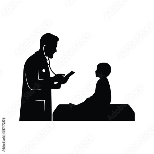Pediatrician examining a child doctor and patient silhouette healthcare medical checkup child health family doctor black and white vector illustration