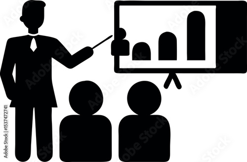 Business Presentation Silhouette – Man Showing Growth Chart to Audience Vector

