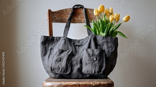 Fresh Tulips in a Tote Bag Resting on a Wooden Chair by a Warm Light.
